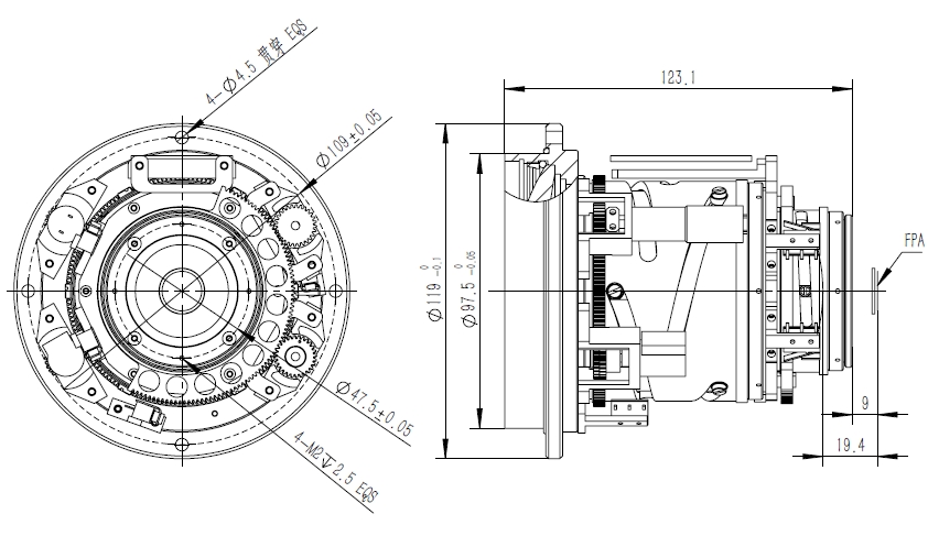 Detailed technical parameter sheet for the 25-75mm all-chalcogenide zoom lens. Outlines key optical and mechanical specifications including focal length range, 8-12µm working wavelength, 14mm image plane size, FOV, relative illumination, and environmental durability.


