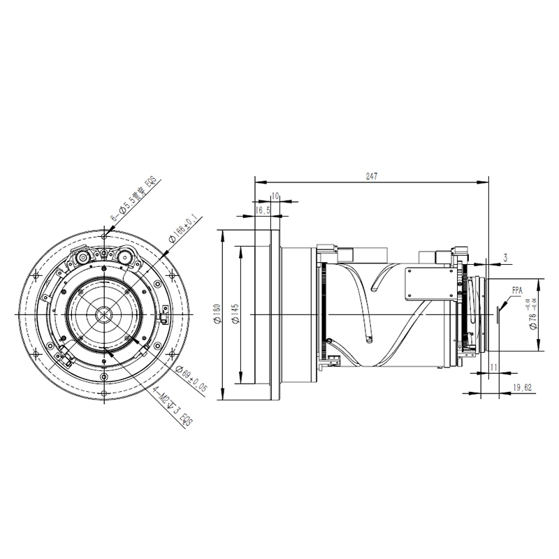 Detailed optical schematic and mechanical drawing of the 30-150mm all-chalcogenide zoom lens, illustrating lens group configuration, beam path, and compact housing design. Optimized for 640×512, 12µm, and 17µm uncooled detectors with a 14mm image plane.