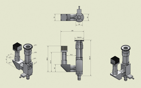 Detailed 2D and 3D mechanical drawings of the DIC microscopy optical module. These schematics provide precise dimensional data (including optical path height and mounting interfaces) for seamless integration into custom industrial inspection systems, ensuring accurate spatial planning and system assembly.