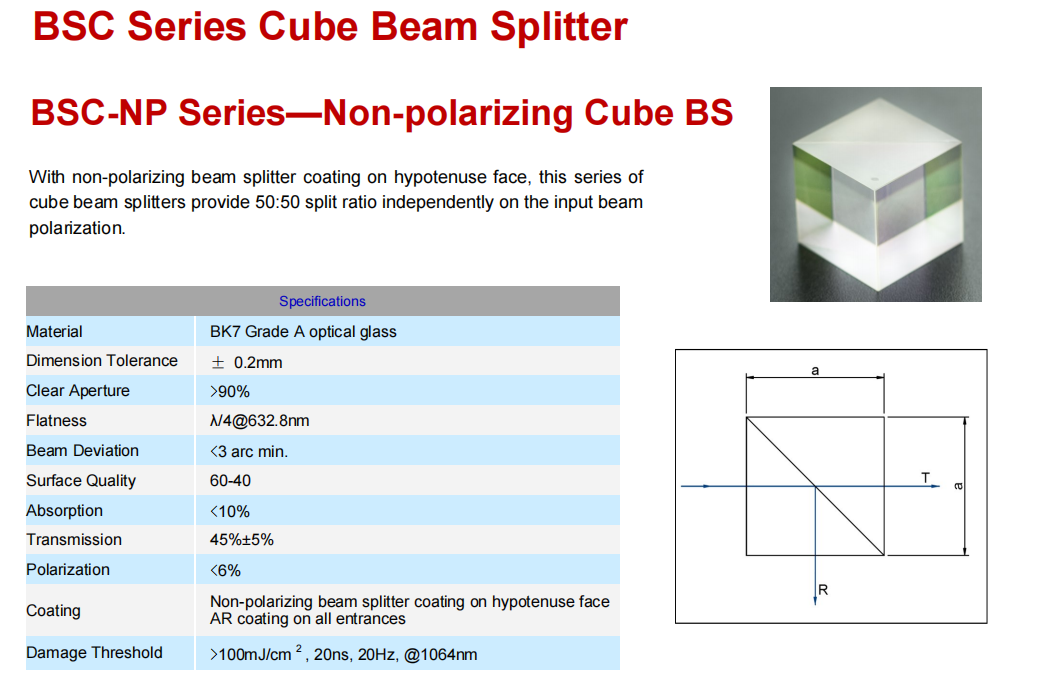 Non-polarizing Cube Beam Splitter