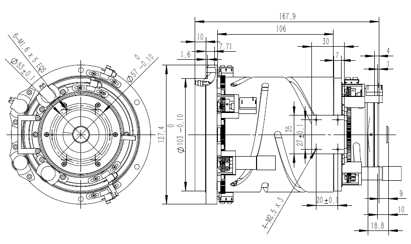 Detailed optical schematic diagram of the 20-100mm all-chalcogenide zoom lens, illustrating lens group configuration and beam path. Designed for 640×512, 12µm uncooled detectors with a 14mm image plane, ensuring optimized optical performance across the full zoom range.