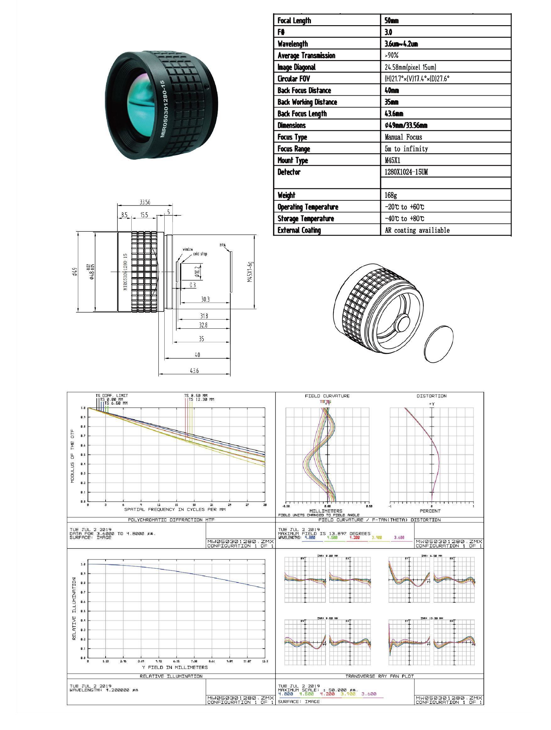MWIR Fixed Focus Thermal Lens Drawing